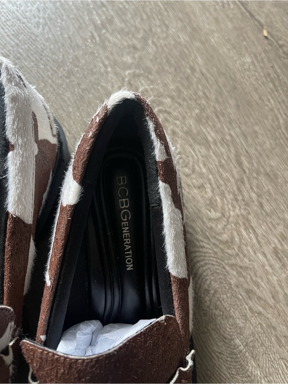 BCBGeneration Women’s Brown and White Cowhide Penny Loafers - Picture 3 of 5